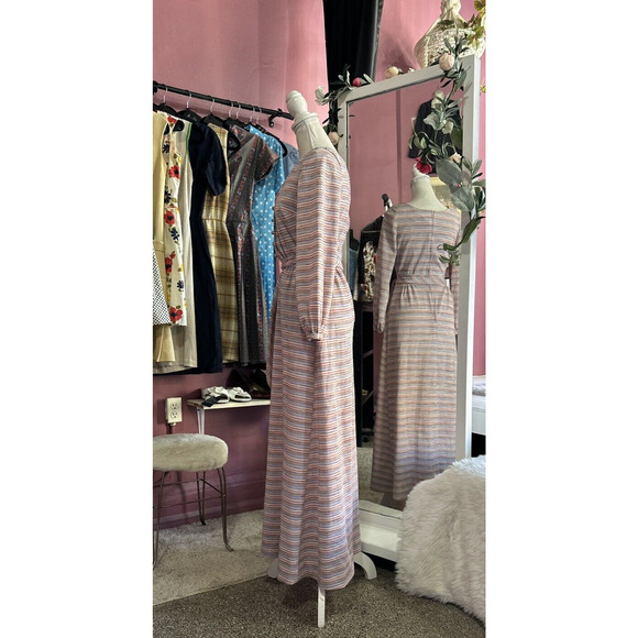 Vintage 60s 70s Maxi Dress Pink Purple Stripes Mod Balloon Sleeves Shimmer XS/S - Picture 6 of 9